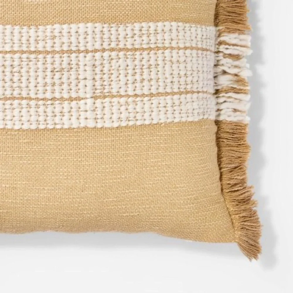 Woven Striped Square Throw Pillow Neutral/Cream: Fringed Trim Studio McGee